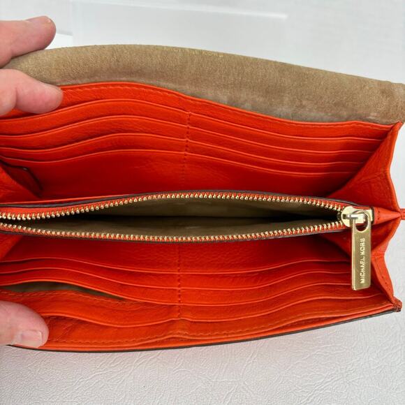 Michael Kors Bancroft Pebbled Calf Leather Wallet Orange Gold Tone Lock - Picture 11 of 16